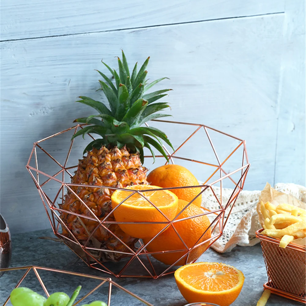 

Scandinavian Rose Gold Metal Fruit Storage Basket Ins Vogue Desktop Golden Wrought Iron Storage Basket Modern Home Organizer