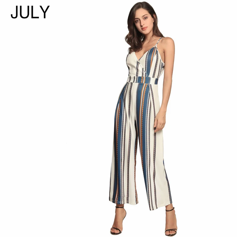 

summer sexy backless striped rompers womens jumpsuit summer casual one piece wide leg jumpsuits fashion long pants JULY