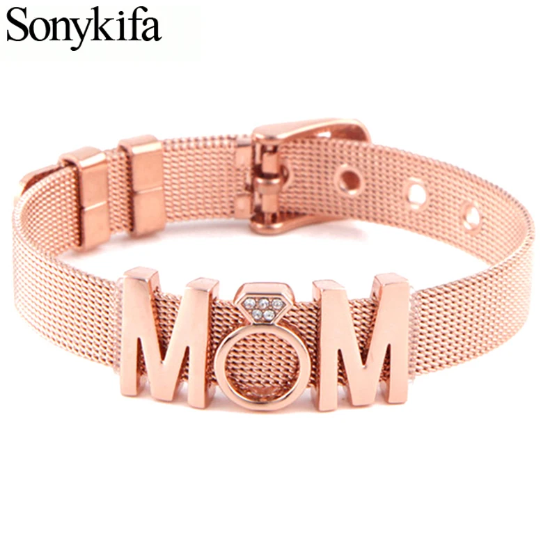 

Sonykifa Fashion Ladies Stainless Steel Mesh Bracelets Crystal MoM Charms Pandoro Bracelets Adjustable Bracelet for Mother Gift