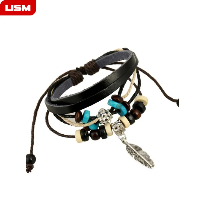 

Vintage Leaf Feather Multilayer Leather Bracelet Men Fashion Braided Handmade Star Rope Wrap Bracelets & Bangles Male Gift