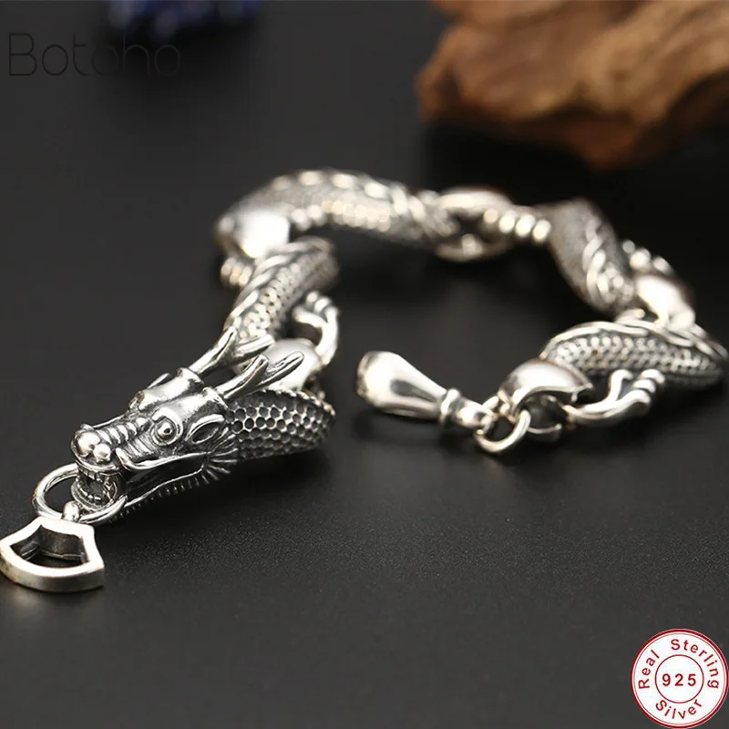 

Luxury Pure 925 Sterling Silver Dragon Bracelet Men Vintage Punk Rock Biker Mens Bracelets 2019 Man Silver 925 Jewelry 70.07g