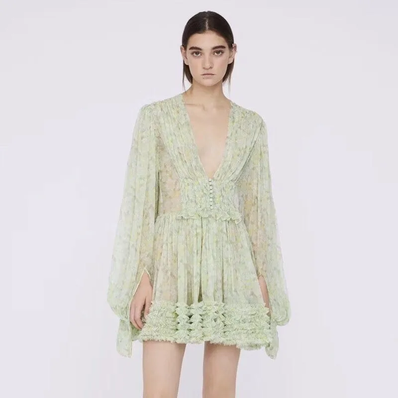 

Self Portrait Women Sexy V-neck Green Dress Lantern Sleeve Summer Dresses High Quality Slim Holiday Chiffon Mini Dress Dresses
