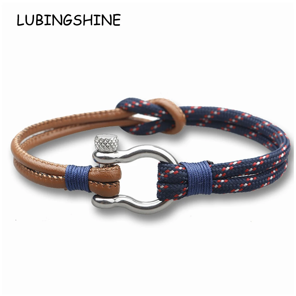 LUBINGSHINE الرجال التخييم الحبل الفولاذ المقاوم للصدأ بقاء سوار بحري التفاف معصمه جلدية سلسلة Paracord المعادن الرياضة السنانير