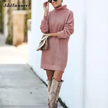 

Autumn Winter Turtleneck Knitted Pullouver Sweater Dress Women Long Sleeve Solid Slim Knitting Pull Femme Fashion Strrewear Tops