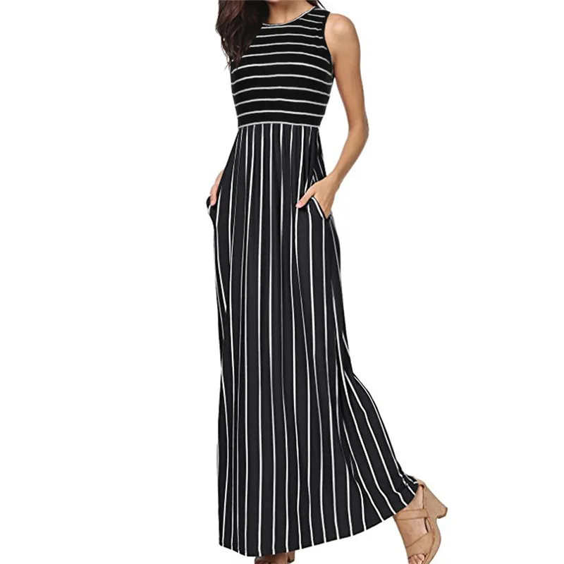 Women's Dresses Women's Casual Sleeveless Elastic Waist Striped Maxi ...