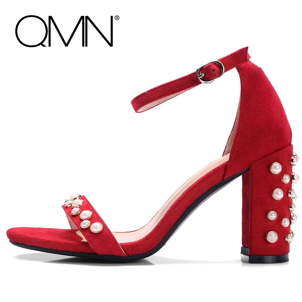 QMN women genuine leather sandals Women Beading Embellished Natural Suede Sandals Ankle Strap Summer Casual Shoes Woman Sandals