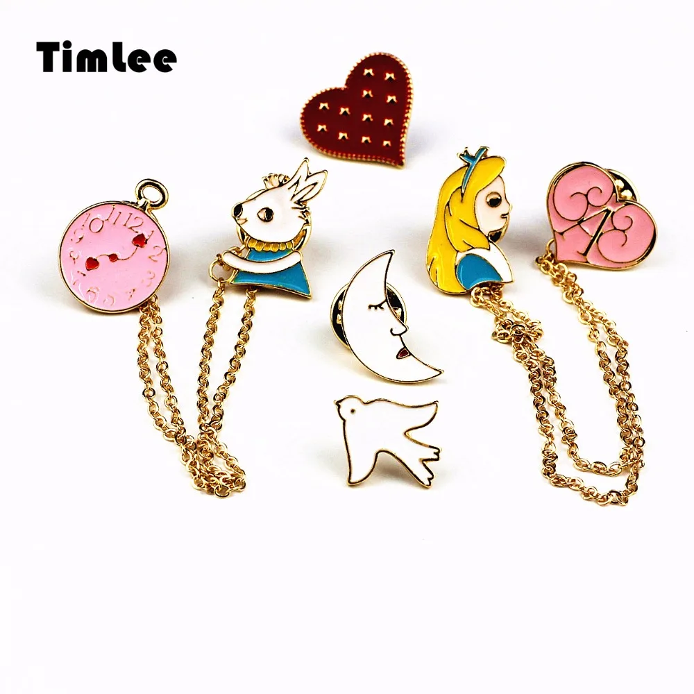

Timlee X247 Cartoon Anime Cute Rabbit Red Heart Moon Bird Brooch Design Metal Brooch Pins Enamel Pins