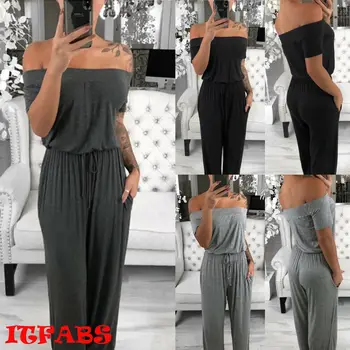 

New Women Ladies Fashion Casual Summer Off Shoulder Playsuit Solid Wide Legs Bodycon Jumpsuit Trousers Party Clubwear
