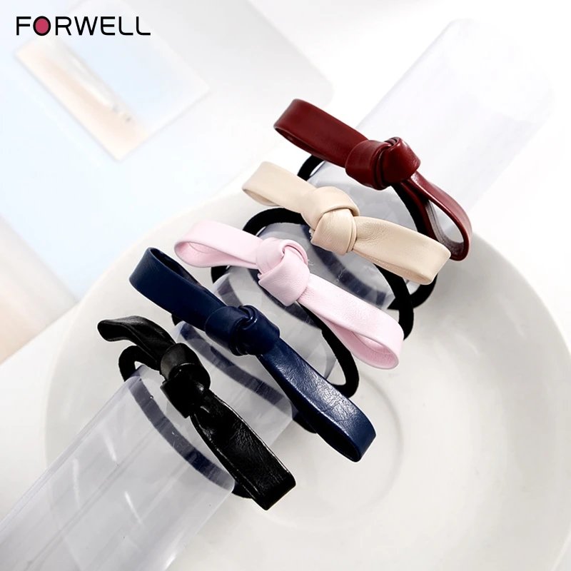 

FORWELL 6 PCS Random Mini Bow Grip PU Faux Leather Fabric Bow Elastic Hair Bands Brief Vintage Silver Small Boutique Bow Band