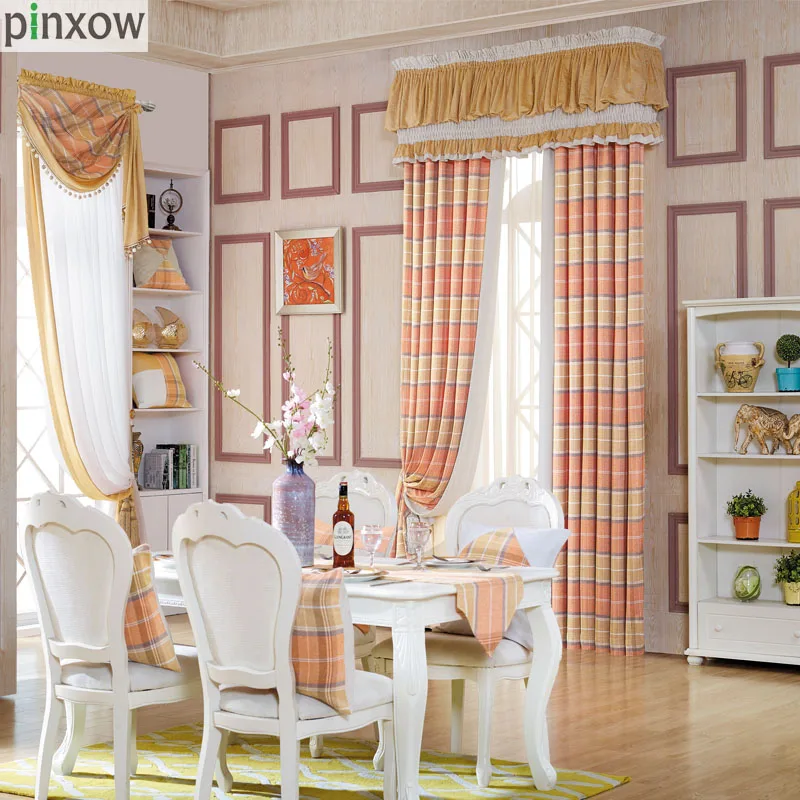 Luxury Chenille Curtains for Living Room Orange Plaid Drapes for Bedroom Dinning Room Window 