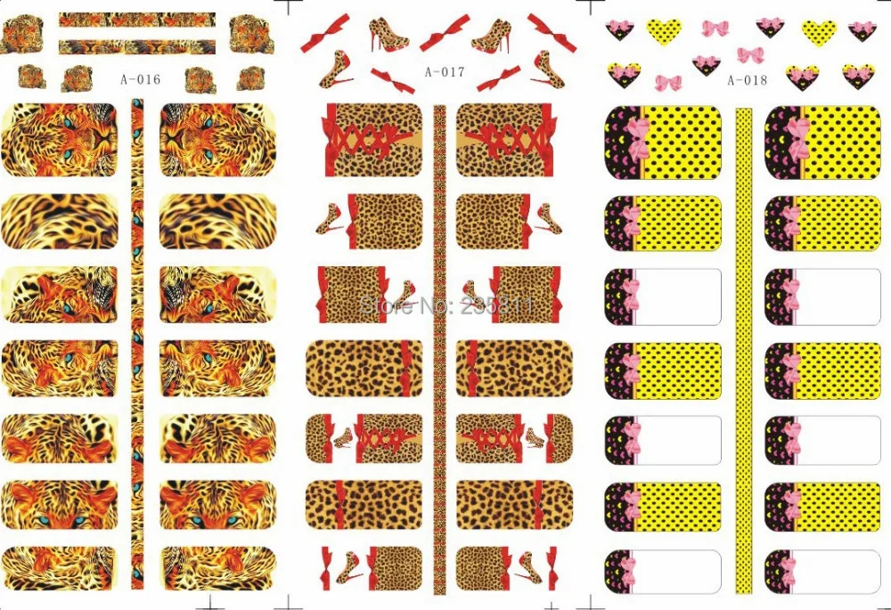 

1X Piece of Medium Sheet (3 Designs in 1) Water Transfers Stickers Nail Decals French Lepard Tiger Zipper Bowtie A01-A18