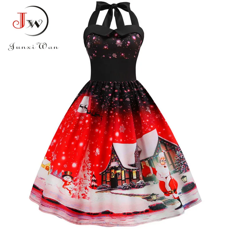 

Summer Vintage Dress Women Casual Christmas Dress Sexy Halter Party Dresses Elegant Robe 50S 60S Rockabilly Swing Vestidos