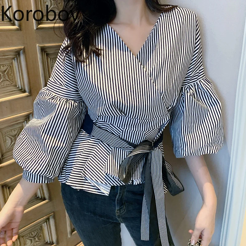 

Korobov Vintage Striped Patchwork Korean Blouse Female Lacing Bow Slim High Waist Blusas Three Quarter Sleeve Shirts 77288