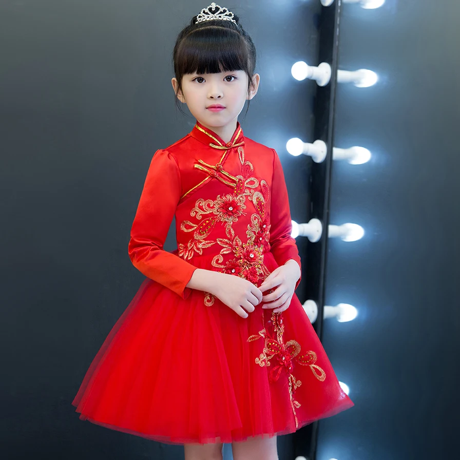 

2019 Autumn Winter New Arrival Warm Children Girls Party Princess Mesh Dress Chinese Retro Red Color embroidery Flowers Dresses