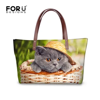 

FORUDESIGNS Women Tote Bag Cute Dog Cat Print Casual Ladies Large Capacity Top-Handle Bag Zipper Girl Soft Shoulder Bags Bolsas
