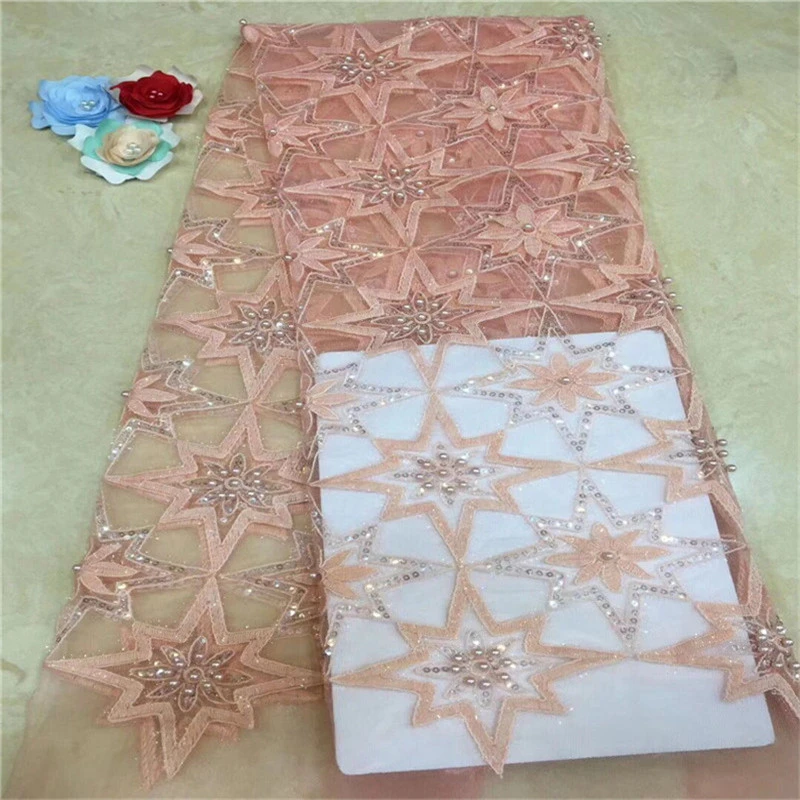 LadyQ New Applique Beads African Lace Fabric 3D Flower with Embroidery Sequence White French Tulle Lace Fabric for Wedding Dress GZ010 Green