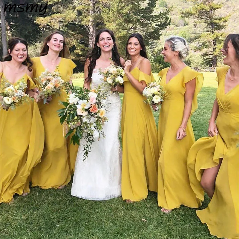 Великолепные Длинные Желтые платья подружек невесты V образным вырезом богемные сельские подружек невесты развертки поезд размера плюс шифоновые вечерние