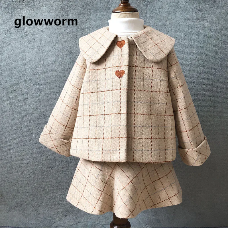 

Glowwormkids Autumn Winter Baby Girl Suit Plaid Printing Long Sleeve Coat Dress Without Sleeve hs101