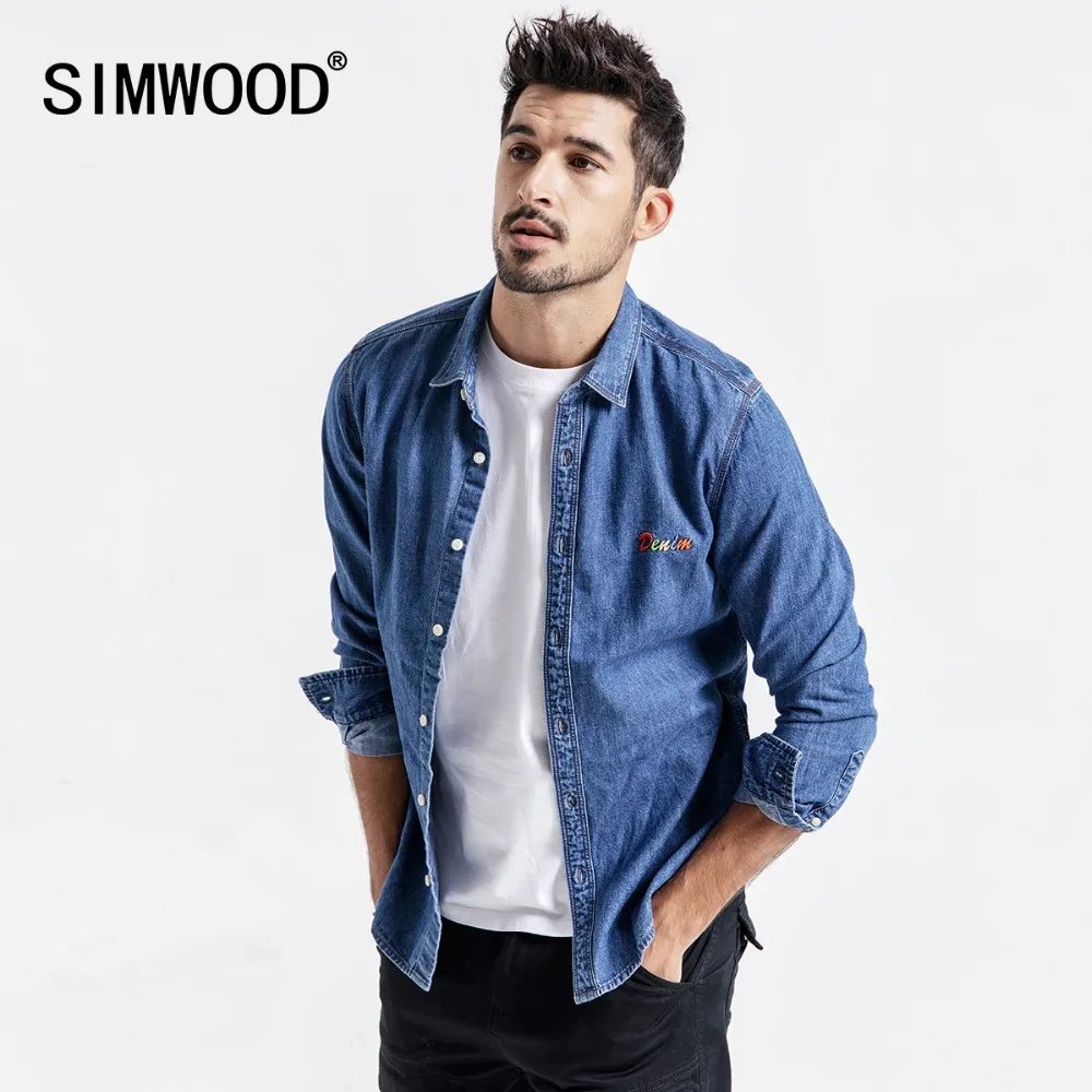 

SIMWOOD 2019 Denim Shirts Men New Fashion Brand Long Sleeve Casual Men Shirts Letter Embroidered Shirt camisa masculina 190072