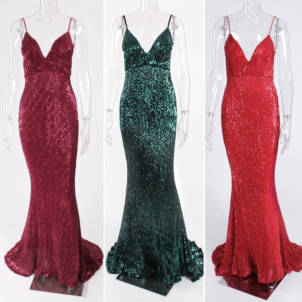 sexy red Sequined Evening maxi dress Backless Deep V Neck wedding party dress sleeveless floor length mermaid dress gown