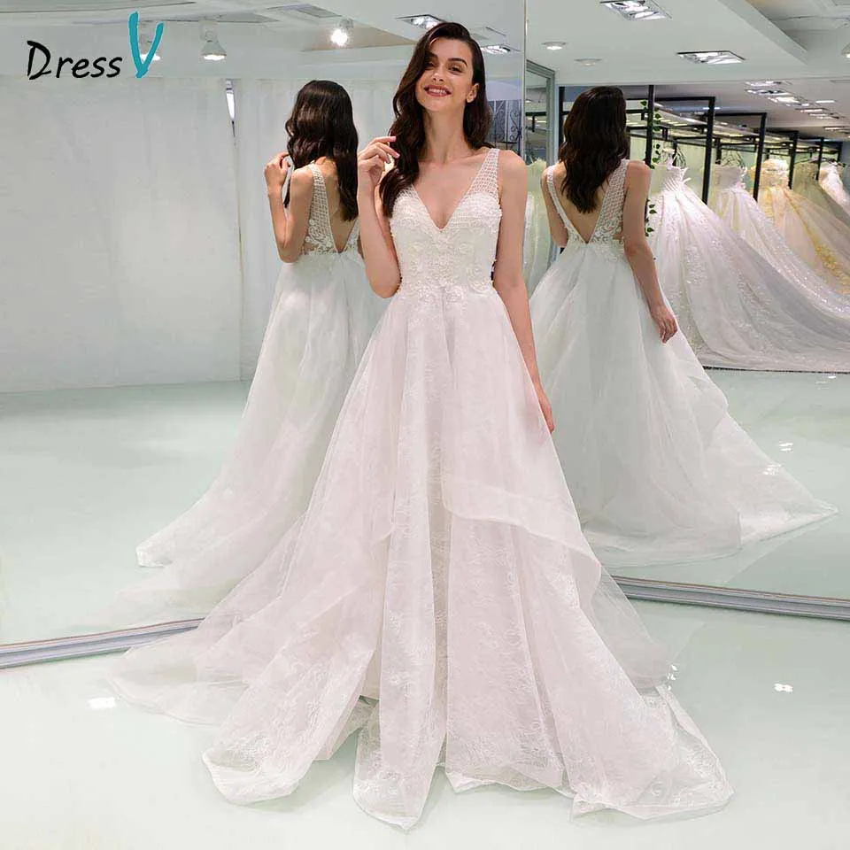 

Dressv ivory elegant v neck a line appliques wedding dress beading lace floor length bridal outdoor&church wedding dresses
