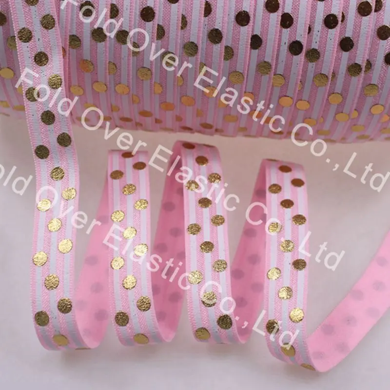 

4 colors 5/8''big gold foil dots and white stripe printed foe elastic fold over elastic 100yards/roll