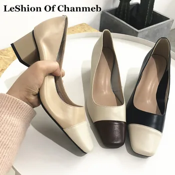 

new High quality real soft leather women office career pumps all season slip ons heels shoes ladies patchwork pumps scarpe donna
