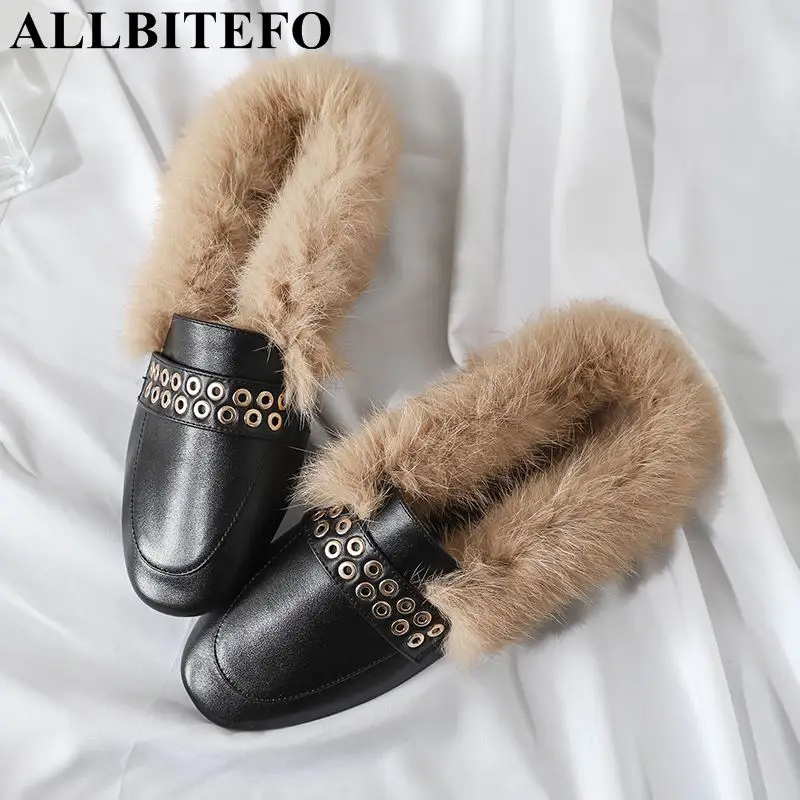 

ALLBITEFO large size:34-43 pu leather fashion rivets warm Rabbit's hair spring women shoes soft surface women flats girls shoes