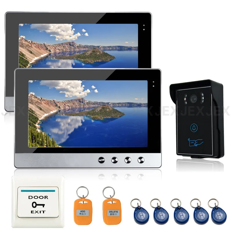 

JEX 10`` color video doorbell door phone speaker intercom system kit 2 monitor + Waterproof RFID access control COMS Camera 1V2