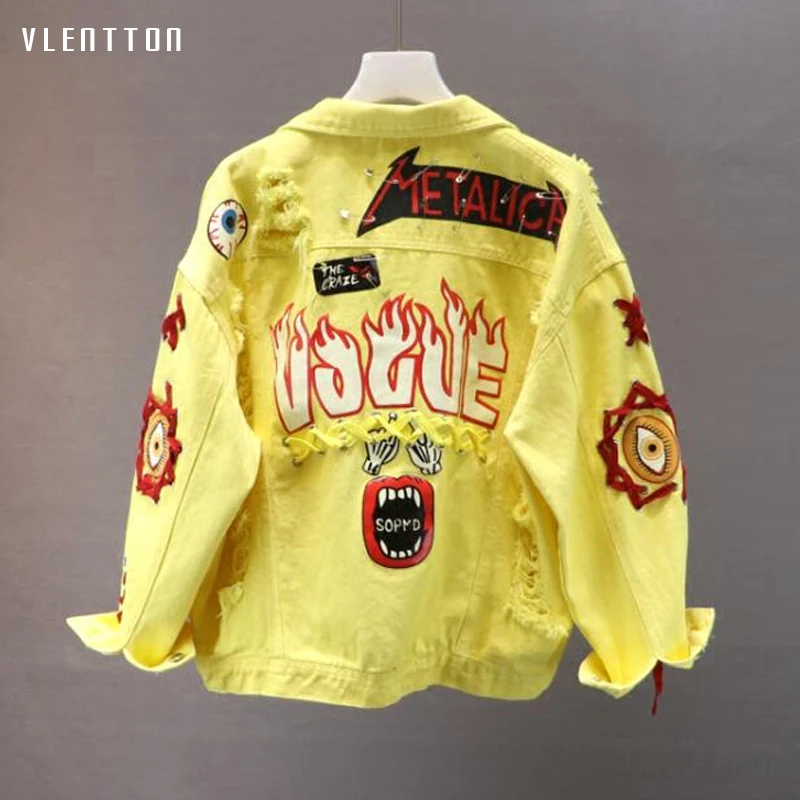 

2019 Spring Pink Yellow Denim Jacket High Street Long Sleeve Print Female Jean Jacket Single Breasted Pockets Basic Coat Outwear