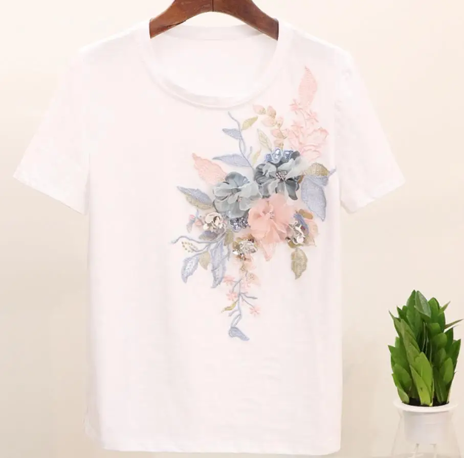 

Женская футболка с вышивкой и блестками, объемная футболка с коротким рукавом и объемными цветами, лето 2022
