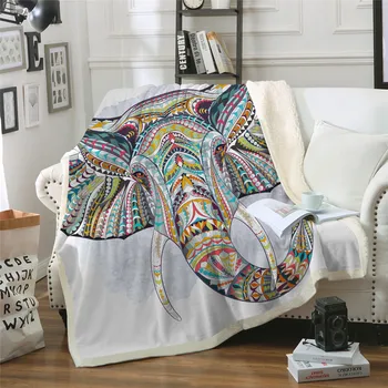 

3D Elephant Sherpa Throw Blanket Bohemia Stripes Bedclothes Colorful Printed Indian Bed Blankets Sofa Cover