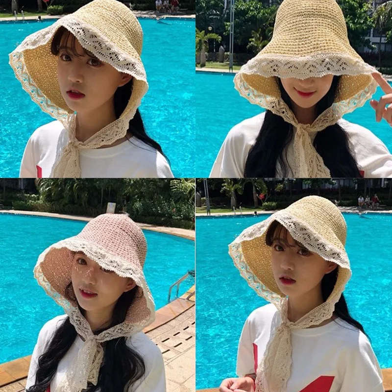

Spring and Summer New Ladies Travel Self-made Lace Lace Hand-strapped Straw Hat Clock Sunscreen Shade Cap Tide