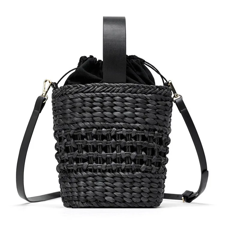 Летняя пляжная сумка с одним ремешком, женская сумка, соломенная сумка через плечо, большая сумка-мешок из ротанга - Цвет: black