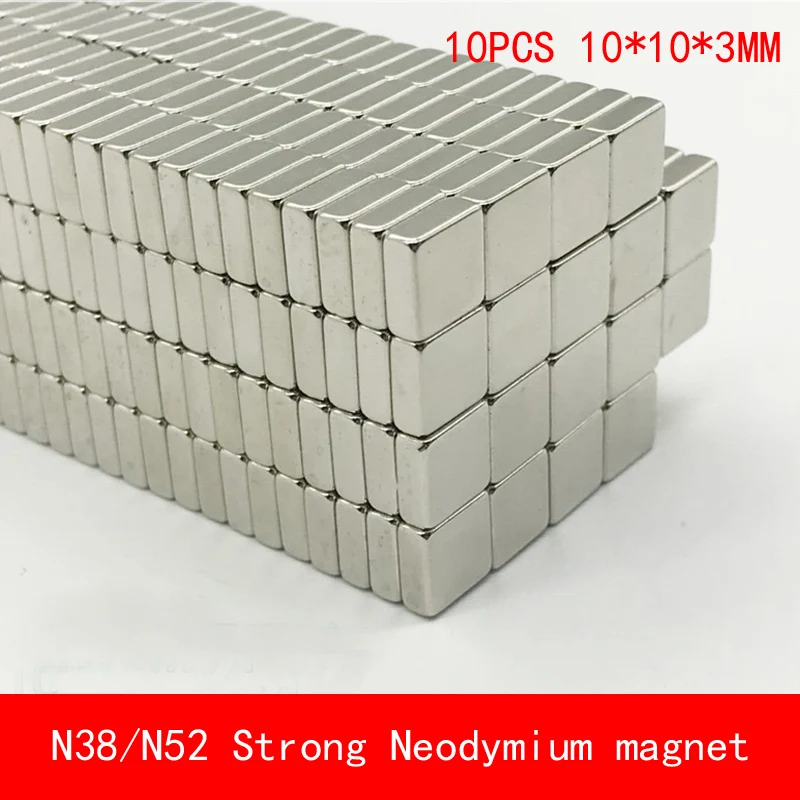 10 шт./лот, супер сильный редкоземельный квадратный 10x10x3 мм Перманентный неодимовый магнит N52 N38 10*10*3 мм, поверхностная пластина из никеля