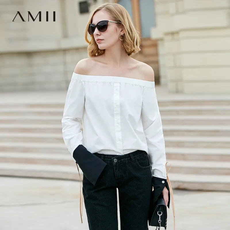 

Amii Minimalist Women 2019 Spring Blouse 100% Cotton Patchwork Off Shoulder Straps Female Blouses Shirts