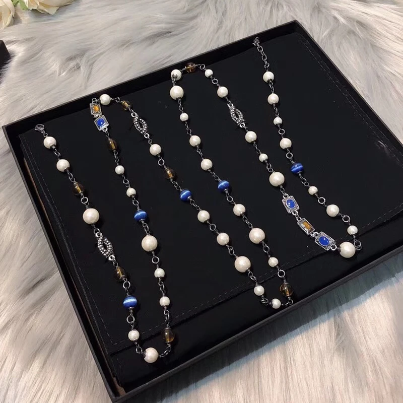 

Brand Fashion Jewelry For Women Simulated-pearl Neckalce Black Color Chain C Letter Pendants Long Necklace Party Sweater Chain