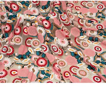 

1 yard embroidered tulle lace fabric, multi-color lace fabric with pink flowers and daisy, heavy embroidered mesh lace fabric