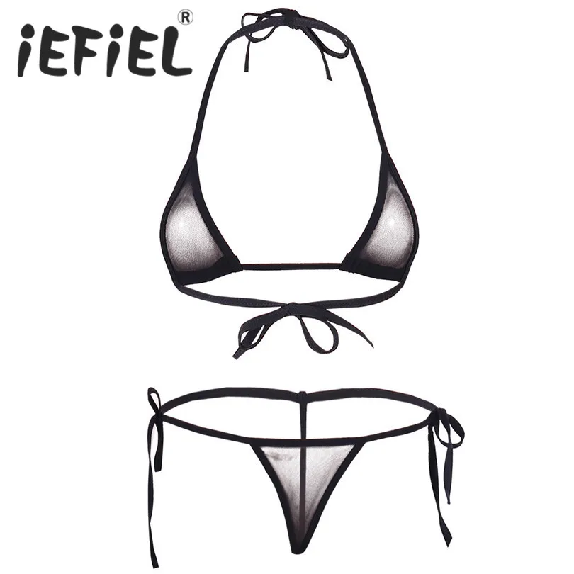 Iefiel Women Sexy Lingerie Erotic Set Mesh Halter Bikini Top Bra With 