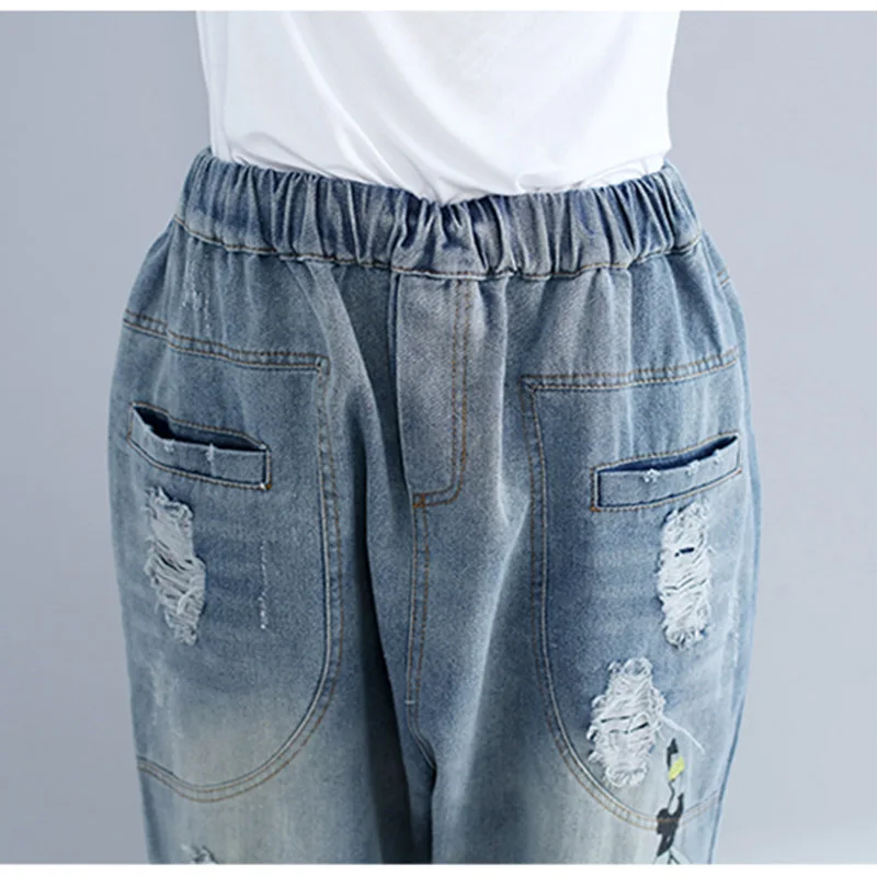 THHONE Plus Size Jeans Women Harem Pants Elastic Waist Casual Trousers Embroidered Torn Washed Denim Pants Ripped Jeans Female THHONE Plus Size Jeans Women Harem Pants Elastic Waist Casual Trousers Embroidered Torn Washed Denim Pants Ripped Jeans Female