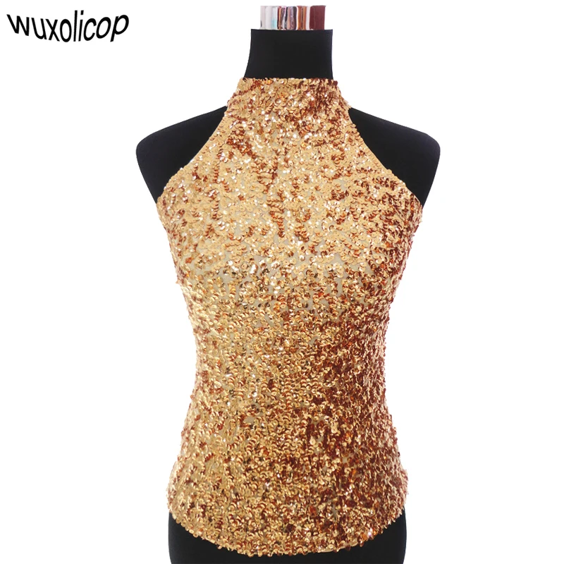 

Sexy Allover Halter Sequin Top Vest Women's T-Shirt Sleeveless Short Tank Tops Paillettes Clubwear Party Festival Top Feminino