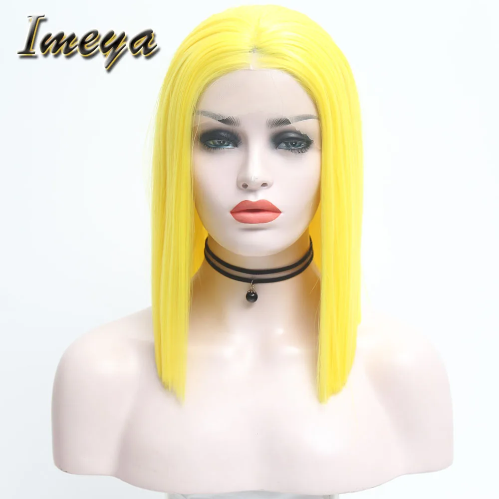 

Imeya Short Bob Synthetic Lace Front Wig With Middle Part Yellow Hair Color Cosplay/Party Wigs For Women Girls