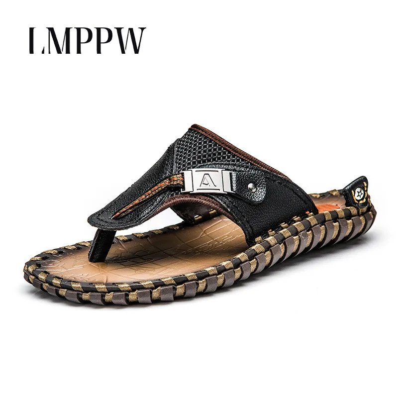 

Brand Design Handmade Genuine Leather Men's Cool Slippers New 2019 Summer Beach Casual Shoes Men's Slippers Flip Flops Non-Slip