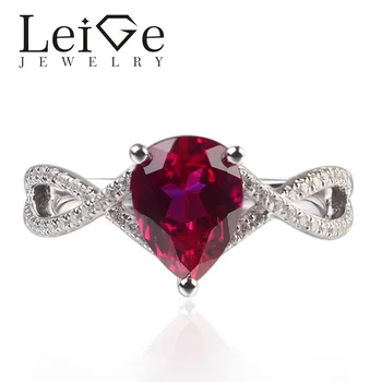 

Leige Jewelry Lab Red Ruby July Birthstone Pear Cut Prong Setting Engagement Rings Romantic Gifts For Woman 925 Silver
