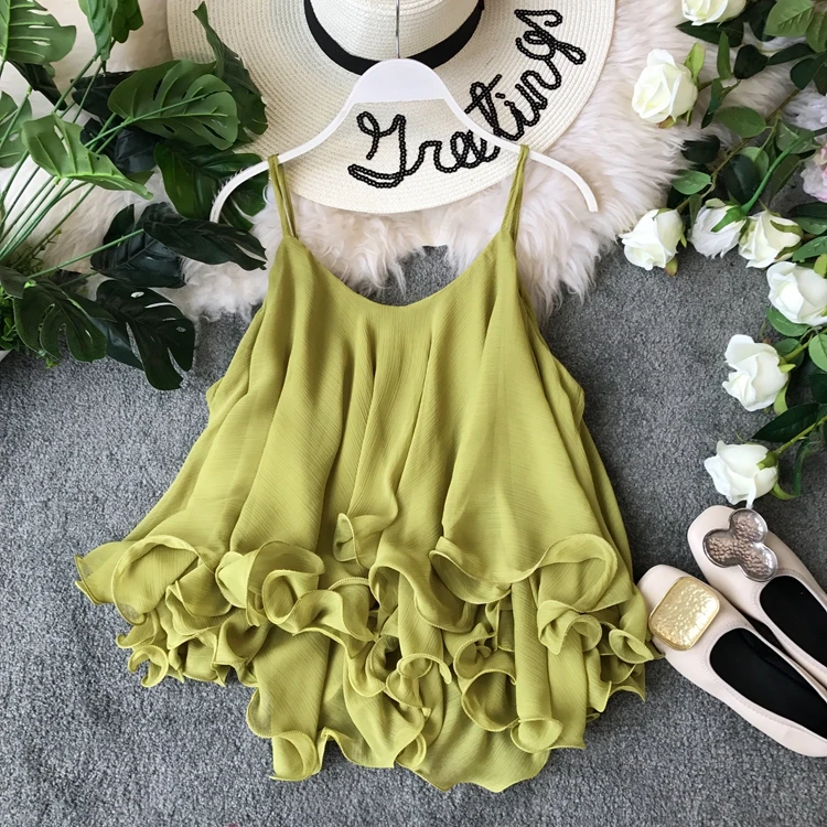 

Chiffon Blouse Women's Suspender Summer New Lotus Edge Loose Off Shoulder Double Layer Top Sleeveless Shirt Lady Holiday Tops