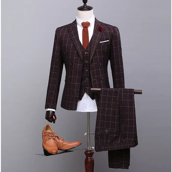 

NA08 (Coat+Pants+Vest) Double Breasted Brown Mens Plaid Suits Groomsman Wedding Tuexdos Smoking Casamentos Plaid Blazer In Men