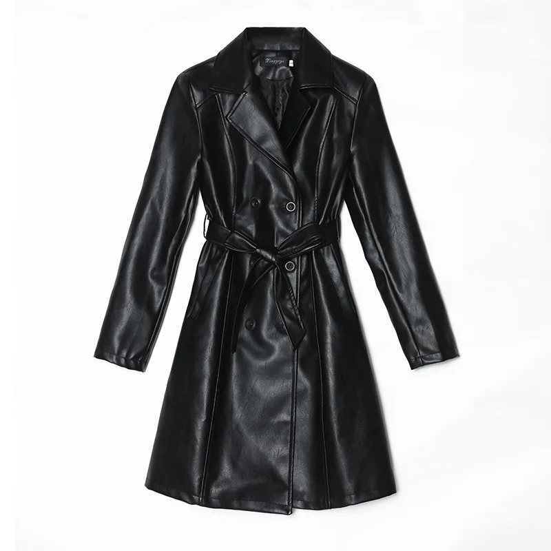 VANGULL размера плюс 4XL Женская куртка из овчины pu кожаный ремень готический черный Тренч Стирка осень зима двубортное пальто