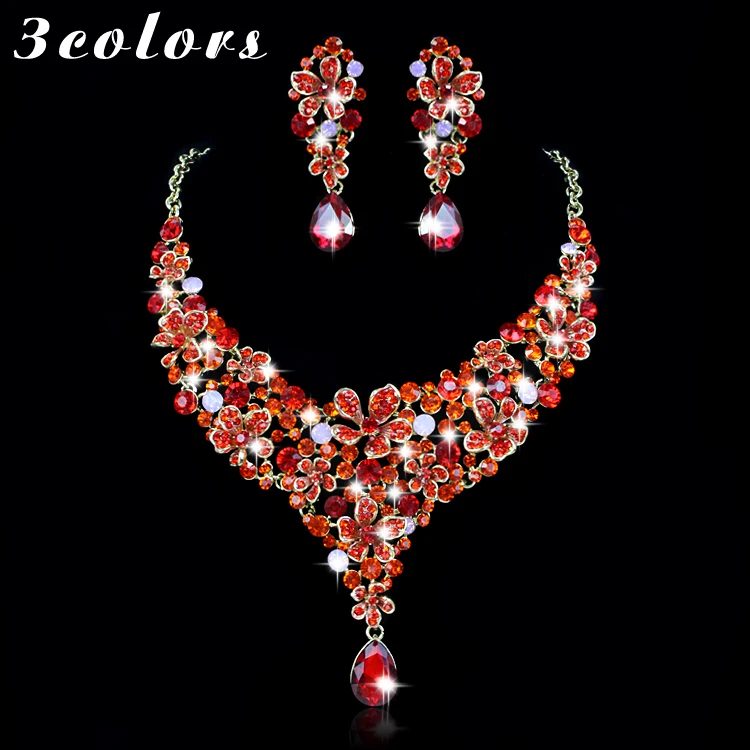 Trendy India Flower Gold Color Necklace Earring Set Bridal Wedding Party Jewelry Sets For Brides