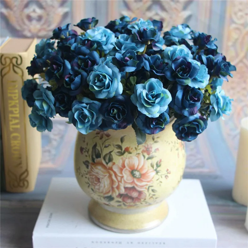 

High quality Blue Beautiful Chic Austin 15 heads Silk Flowers Artificial Rose Wedding Bridal Party Decor