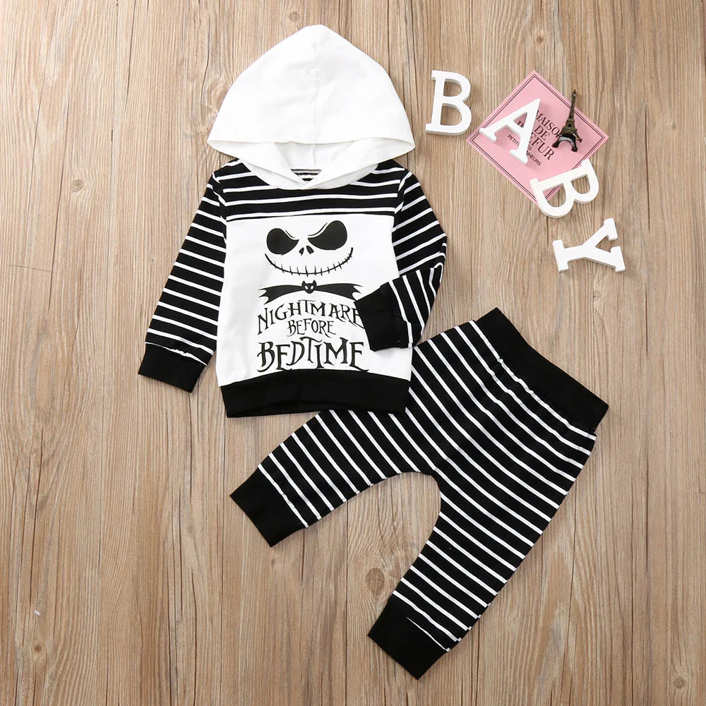 

2019 New Hot Children kids baby clothes Newborn Infant Baby Boy Skull Striped Tops Hooded Pants Halloween Outfits Set Clothes